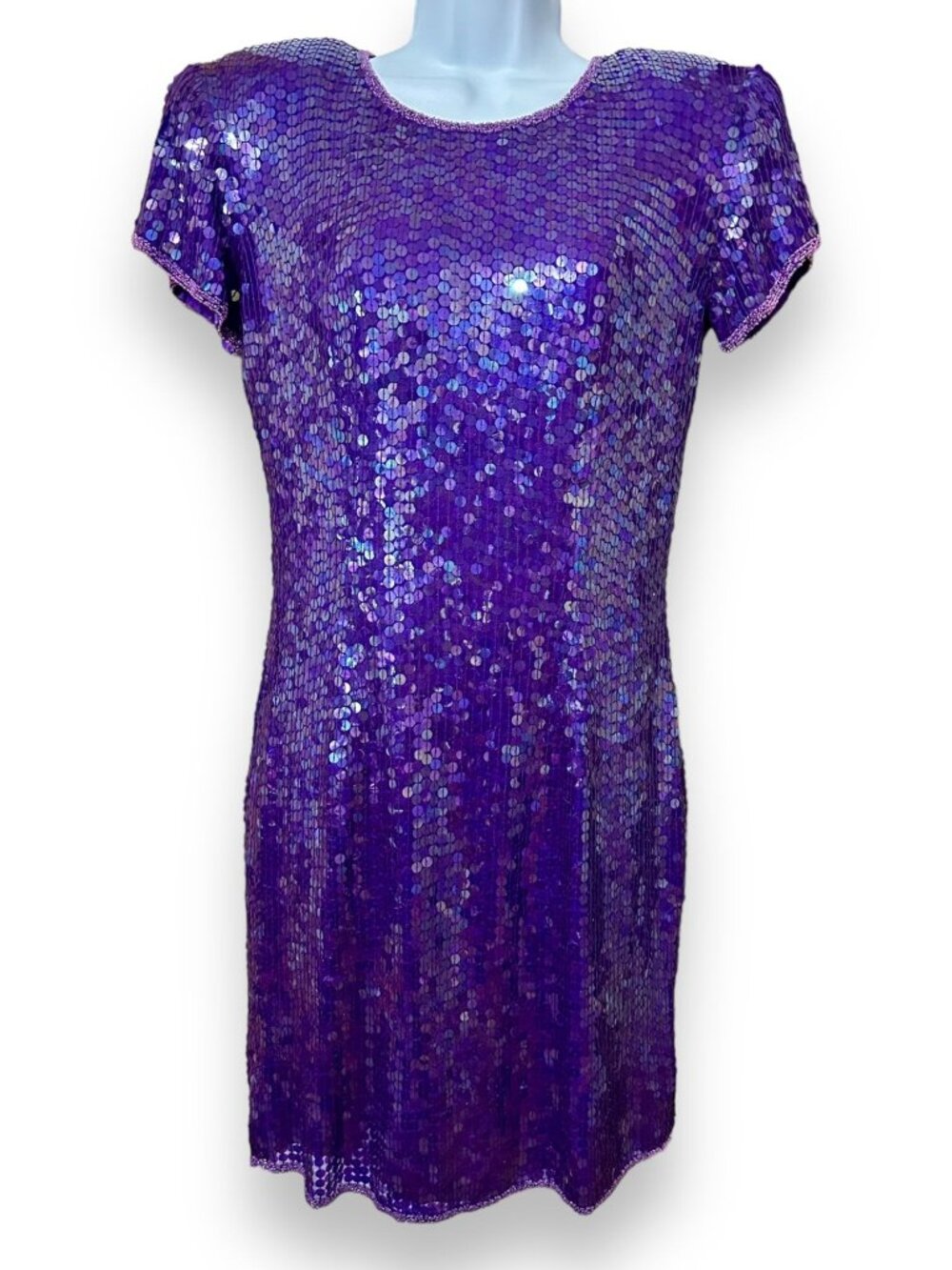 Vintage Purple Sequin Carolyne Barton Cocktail Dress short sleeve beaded
